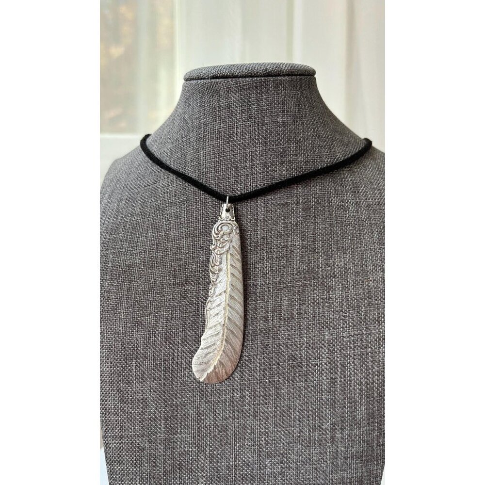 Handmade Silverware Feather Pendant Necklace - Upcycled "First Love" Knife